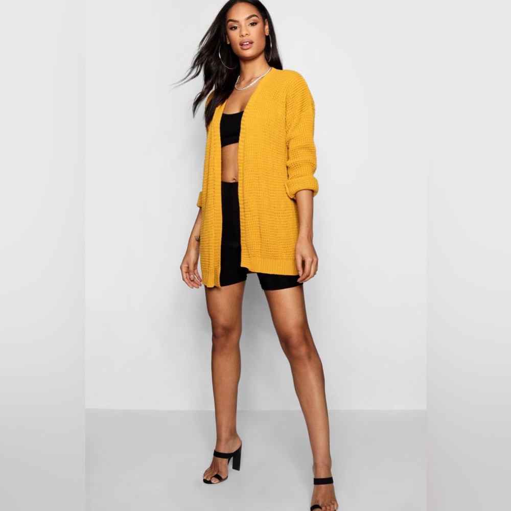 Boohoo Yellow Amelia Edge To Edge Waffle Knit Cardigan